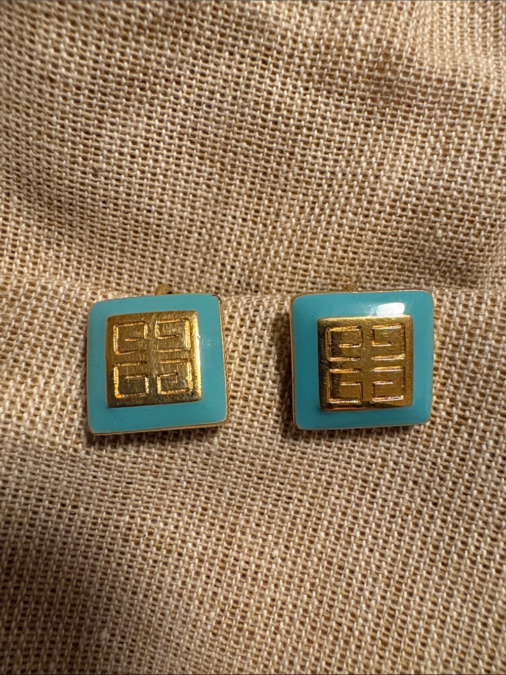 Givenchy Vintage Earrings Turquoise Blue & Gold Tone Clips signed 1981